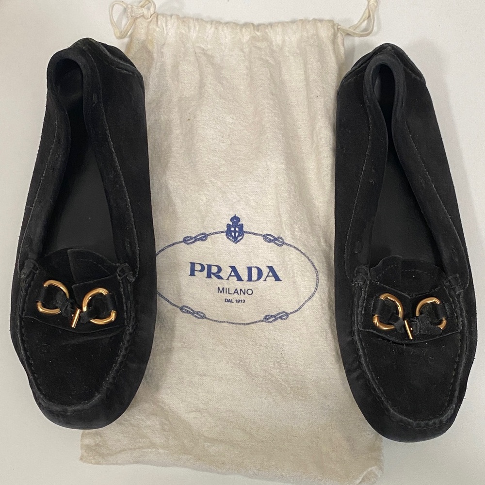 Prada Women's Black Loafers with Gold Accents